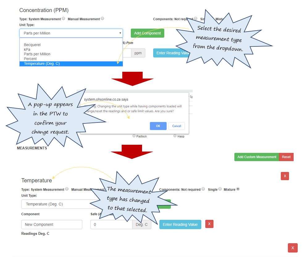 In OHS Online, how do I change a measurement type in the Measurement Details section in the vessel specific precautions section? In OHS Online, how do I change a measurement type in the Measurement Details section in the vessel specific precautions section?