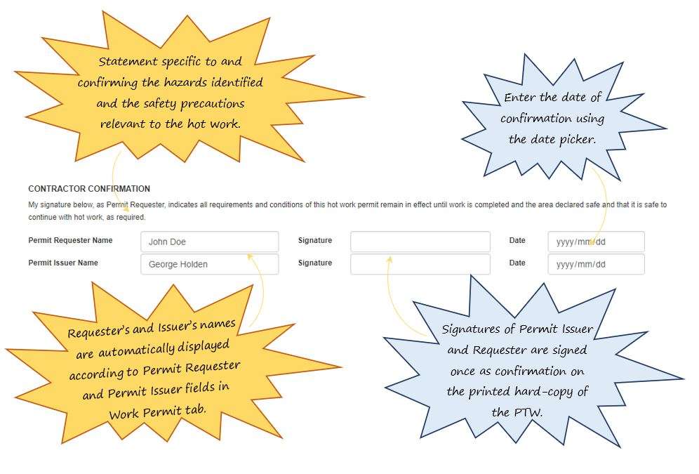 How do I complete the Contractor Confirmation section of the Hot Work tab, in OHS Online? How do I complete the Contractor Confirmation section of the Hot Work tab, in OHS Online?
