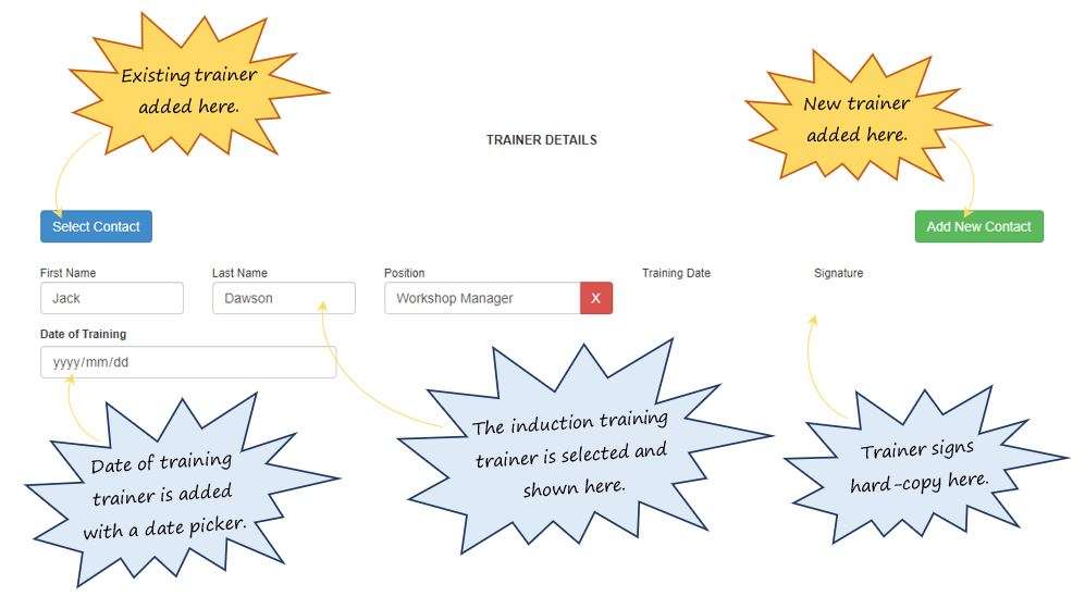 How do I complete the trainer details section of the Induction tab, in OHS Online? How do I complete the trainer details section of the Induction tab, in OHS Online?